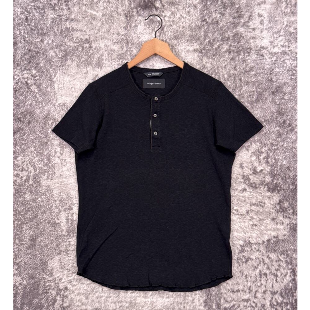 Wings + Horns Henley Shirt Medium Mens Black Slub Short Sleeve